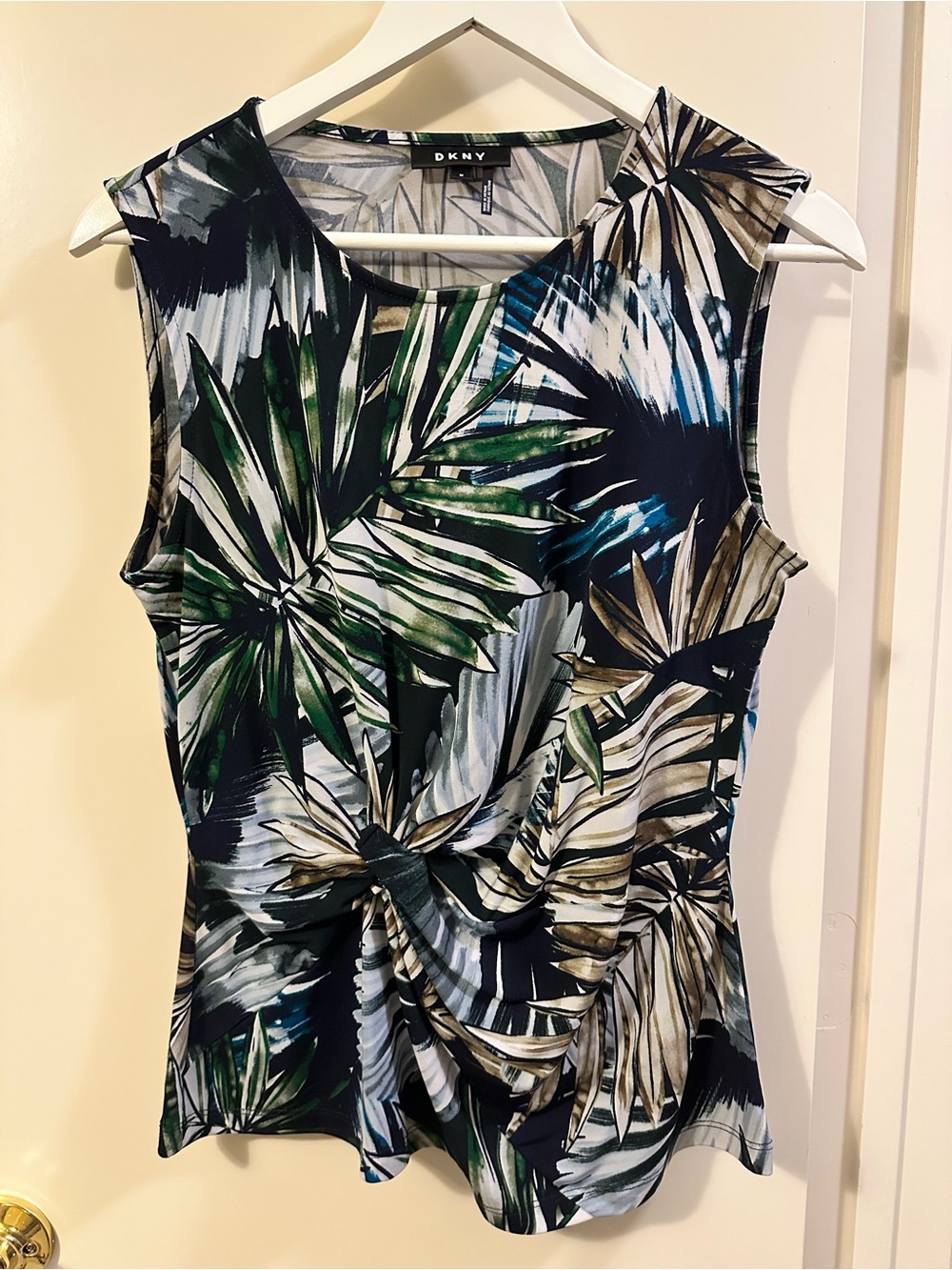 DKNY Tropical Leaf Knot Front Sleeveless Top - Green and Blue Multi